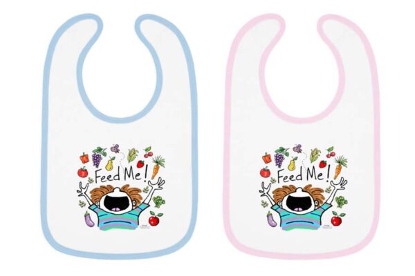 feed me boy bib blue trim pink trim